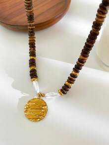 Monlansher Women's Autumn/Winter New Beaded Stainless Steel Round Pendant Necklace, Wooden Beads Paired With Stainless Steel Round Pendant, Fashion Minimalist Everyday Wear Luxury Elegant Beaded Pendant Necklace - Gold - View 4