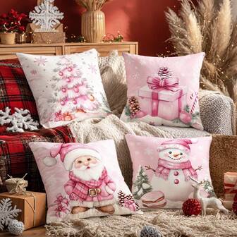 MEMNUN 4 fundas de almohada de poliéster con ilustraciones de árbol de Navidad, Papá Noel, caja de regalo y muñeco de nieve en acuarela de Navidad [sin relleno de almohada], 17.7*17.7in(45*45cm)/19.69*19.69in(50*50cm)/15.75*15.75in(40*40cm), [impresión de un solo lado] Fundas de almohada decorativas de Feliz Navidad para sofá, cama, sala de estar, dormitorio, coche, oficina, hotel, decoración navideña, regalos navideños para familiares y amigos