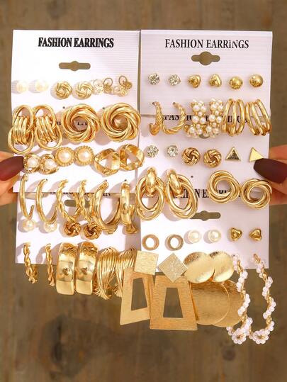 24/22/10pcs Fashionable, Elegant, Vintage-Inspired Geometric, Bow, Heart, Rhinestone, Glitter, Butterfly, Flower, Twist, Triangle, Round, Square, Braided, Layered, Smooth, Minimalist, Oversized, C-Shaped Hoop Earrings Set, Suitable For Holidays, Parties, Dates, Gifts, Daily Wear