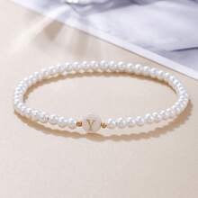 1 pieza Pulsera con inicial y cuentas de perlas falsas para mujer
