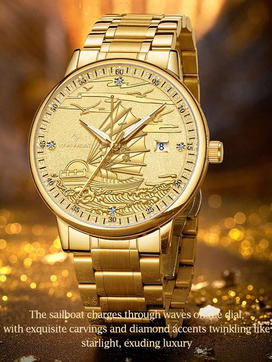 （无需电池）自动机械表，全金豪华男士腕表系列“一帆风顺”，适合作为礼物送给家人、伴侣或朋友 - 金色 - 查看 1