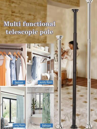 1pc Super Long No Drill Installation Stainless Steel Extendable Curtain Rod, 2.5CM Diameter, Black/Silver Curtain Rod, Wardrobe Hanging Rod, Retractable Rod, Clothesline, No Drilling Required, Stainless Steel Material, Easy Installation, Multi-Functional For Bedroom, Balcony, Wardrobe, Outdoor Clothesline, Suitable For Bathroom, Window, RV, Living Room, Bedroom