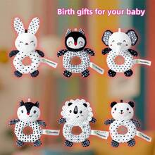 Black & White Animal Baby Teething Rattle Toy With Squeaky Sound - Handheld Sensory Shaker Suitable For Newborns 0-12 Months, Cute Grasping Ring For Early Development