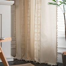 Boho Curtain Crochet Lace Patchwork Semi-Blackout Bohemian Handmade Tassels, Rod Pocket Window Treatment Vintage Rustic Farmhouse Drapes For Living Bedroom, 1 Panel 59" W X 63" L, Beige - 米色拼布59寬x63公升1包 - 查看 3