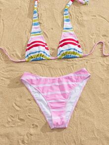 Bộ bikini 2 mảnh gợi cảm phong cách retro kẻ sọc - Áo yếm kẻ sọc đỏ trắng xanh kết hợp với quần cạp cao màu hồng | Đồ bơi nữ thích hợp cho kỳ nghỉ biển hoặc tiệc bể bơi mùa hè - Nhiều màu - Xem 5