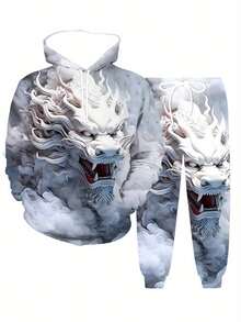 [2-Piece Set] Men's Casual Sports Hooded Sweatshirt, Long-Sleeved Hooded Sweatshirt With Drawstring Trousers, White Dragon Pattern Print Design, Regular Fit, Knit Fabric, 100% Polyester, Bold And Mysterious, Streetwear, Suitable For Various Scenes Such As Outdoor, Daily Life, And Party - 白色 - 查看 3