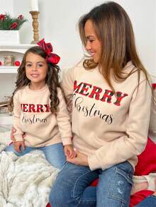 Mommy And Me Matching Christmas Sweatshirts Family Matching Xmas Outfits Long Sleeve Crewneck Let It Snow/Merry Christmas/Merry Bright Letter Print Sweatshirts Pullover Tops Winter Fall Clothes - 卡其色 - 查看 3
