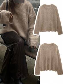 Women's Elegant Solid Color Casual Minimalist Dropped Shoulder Round Neck Loose Mohair-Like Sweater, Going Out Tops For Women, Brown Top, Women's Winter Sweater
