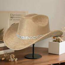 Rhinestone Cowboy Hat For Women, Summer Hats For Women Fashion Western Cowgirl Hats, Elegant Wide Brim Fedora Cap For Party & Daily - 卡其色 - 查看 3