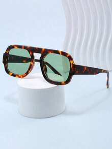 1pc Unisex Tortoise Shell Color Square Frame Double Bridge Pilot Style Fashion Glasses For Vacation Boho Shades Beach Accessories Beach Accessories For Women Glasses Shades Basics Fall Winter Women Outfits Clothes Business Casual Gifts Leopard For Summer Beach Vacation,Outdoor,Travel - 綠色 - 查看 5
