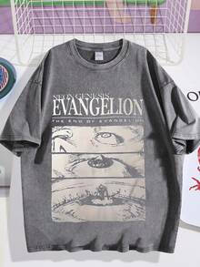 Men's Loose Retro Washed T-Shirt, New Century Evangelio EVA Anime Print, Washed And Worn Loose Casual Short Sleeved ShirtDG004 - 灰色 - 查看 1