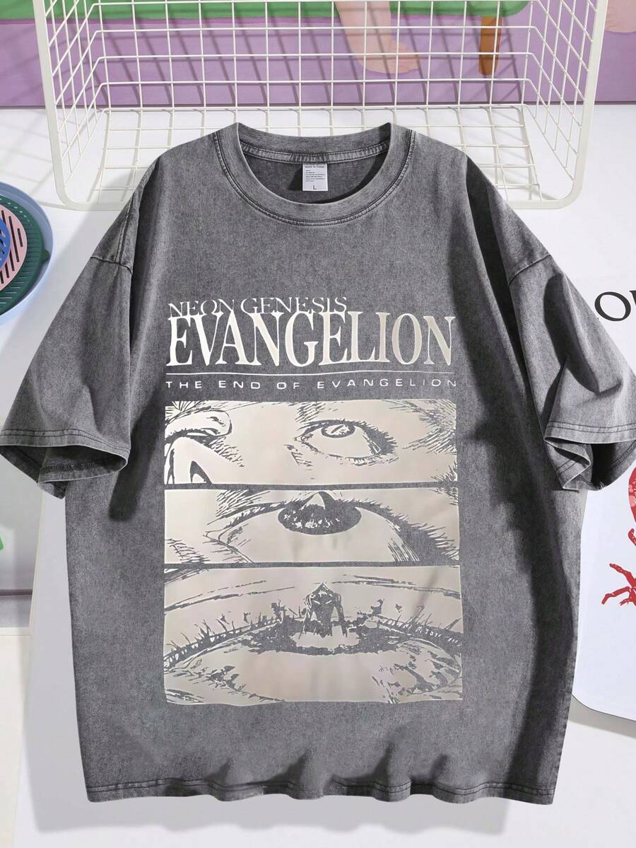 Men's Loose Retro Washed T-Shirt, New Century Evangelio EVA Anime Print, Washed And Worn Loose Casual Short Sleeved ShirtDG004 - 灰色 - 查看 1