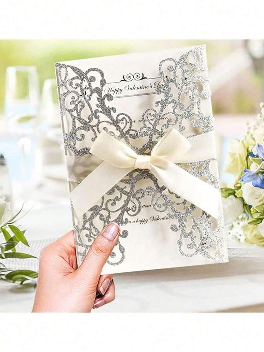 20pcs Gold Glitter Hollow Rose Shaped Wedding Invitations With Envelopes And RSVP Cards, Pre-Tied Satin Ribbons, For Wedding Anniversary, Bridal Shower, Engagement Party, Banquet Invitation - Multicolor - View 1