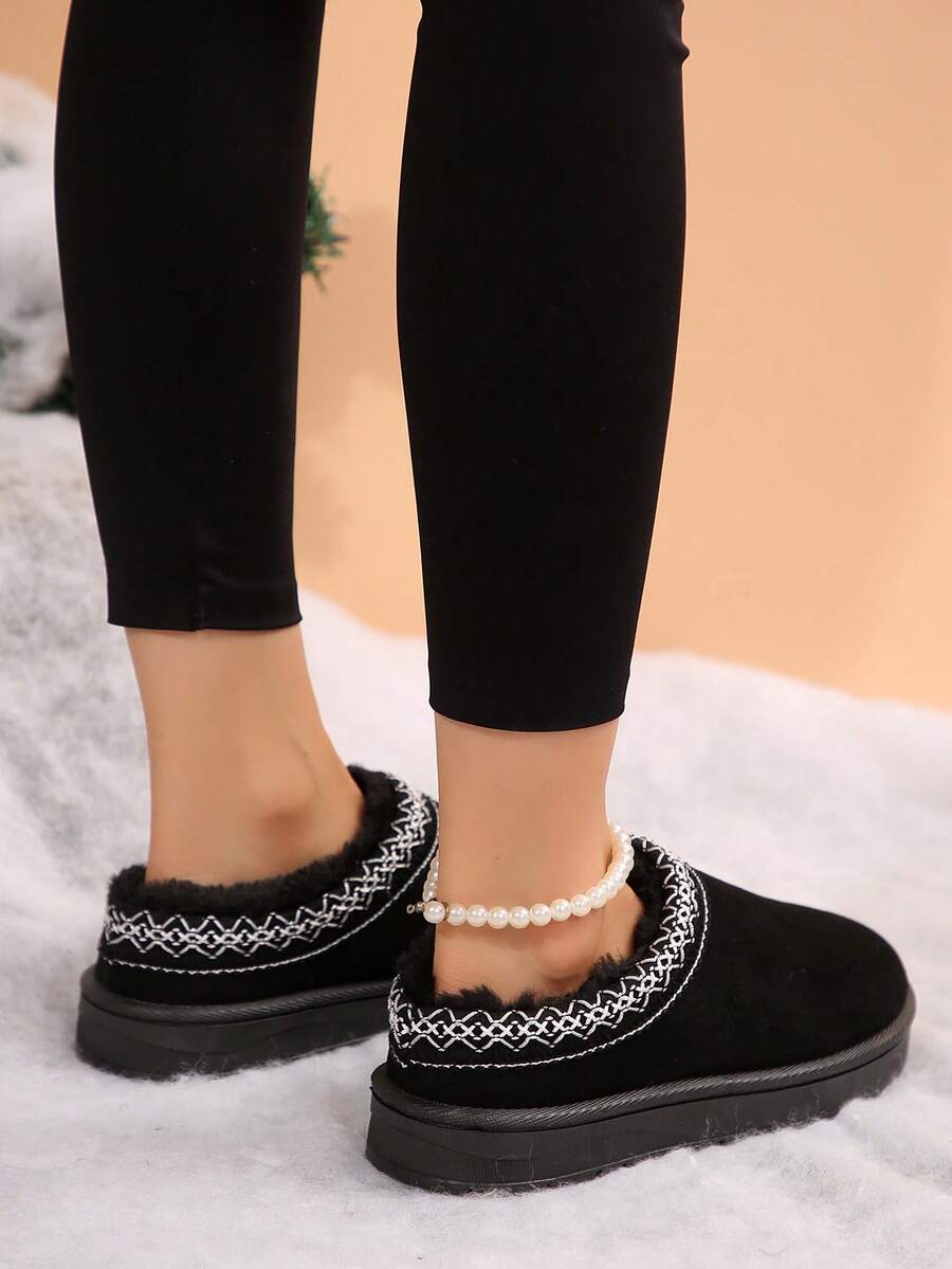 冬季雪地短靴，女士短踝靴，内衬加厚，休闲保暖毛绒套脚靴，防滑软底室内外通用拖鞋，可机洗 - 黑色 - 查看 1