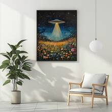 1件，帆布壁挂，带框墙饰，复古太空飞船，UFO野花墙饰，复古花卉油画，花卉外星人信徒墙饰——一份巧妙又时尚的礼物。复古家居装饰，适用于房间装饰、卧室装饰、宿舍装饰、客厅装饰。 - 彩色 - 查看 10