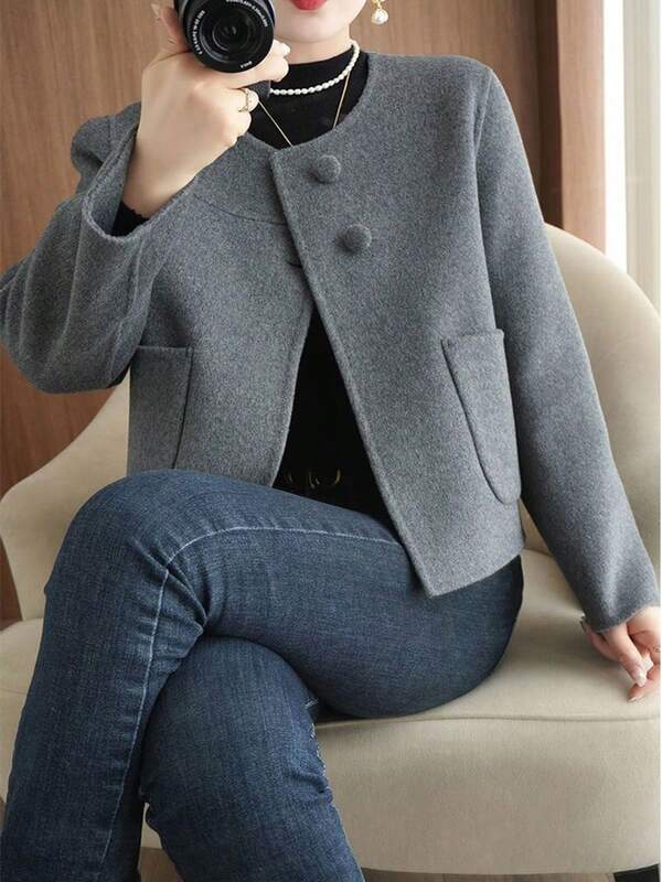 Chaqueta casual de cuello redondo para mujer, ajuste petite, versátil, adecuada para primavera y otoño