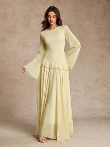 Women's Elegant Flounced Splice Cinched Waist Flare Sleeve Dress, Spring/Summer - Light Yellow - View 2