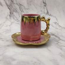 125ml Ceramic Coffee Cup & Saucer Set, Gold Bow Decor, Household Party Gift, Suitable For Drinking Coffee, Tea, Afternoon Tea, Electroplated In Various Colors