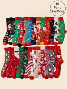 1/10 Pairs Women's Assorted Christmas & Holiday Themed Mid-Calf Socks, Autumn/Winter