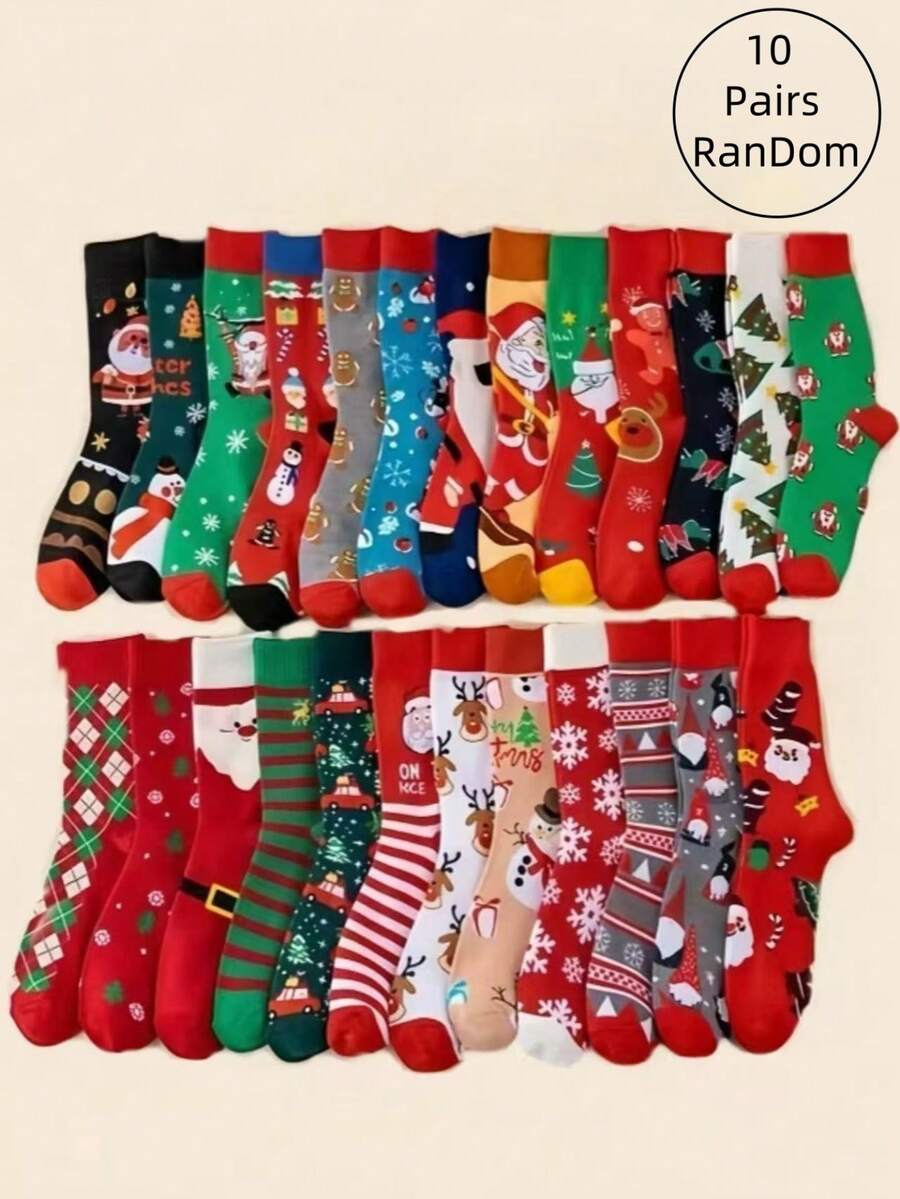1/10 Pairs Women's Assorted Christmas & Holiday Themed Mid-Calf Socks, Autumn/Winter