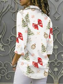 Christmas Snowflake & Bow Print Long Sleeve Shirt - Casual Polyester Top, Button Detail, Suitable For Holiday & Casual Wear, Digital Printing, Loose Fit - White - View 4