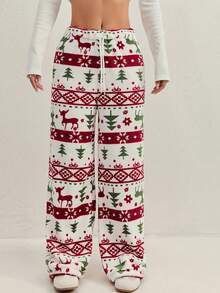 女士圣诞驯鹿和圣诞树印花喇叭法兰绒裤配同款蓬松围巾两件套，秋冬季，舒适保暖 - 米色 - 查看 3