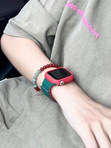 2条可调节磁吸硅胶表带及柔软可爱镂空保护壳，兼容 38/40/41/42/44/45/46/49mm，适用于 Ultra/SE/11/10/9/8/7/6/5/4/3/2/1系列，智能手表配件，绿色+红色 - 紅配綠+鏤空紅殼 - 查看 5