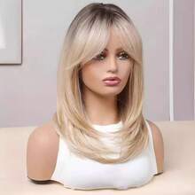 Elegancka peruka ombre blond do ciemnych odrostów z grzywką dla kobiet, 18 cali – syntetyczne włosy odporne na ciepło, naturalny, warstwowy styl, idealna na co dzień i do cosplayu, odpowiednia do noszenia na co dzień, na urodziny, występy, włókno odporne na ciepło, cosplay, Halloween, kostiumy świąteczne, imprezy, festiwale muzyczne, wesela, bale maturalne, wybór letnich fryzur damskich - Złoto - Zobacz 3
