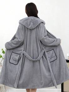 1 chiếc áo choàng tắm dài cho nữ bằng vải lông cừu san hô, nhiều màu sắc để lựa chọn, có mũ trùm đầu, thắt lưng và túi, mềm mại, ấm áp, áo choàng tắm unisex. - Nhiều màu - Xem 8