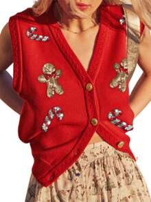 Chaleco de punto con cuello en V para mujer, estilo navideño, sin mangas, con lentejuelas bordadas y botones. - Rojo - Ver 1