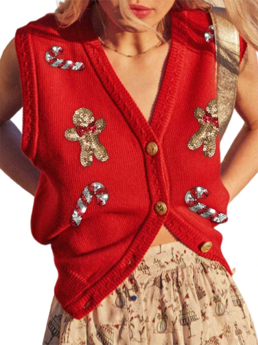 Chaleco de punto con cuello en V para mujer, estilo navideño, sin mangas, con lentejuelas bordadas y botones. - Rojo - Ver 1