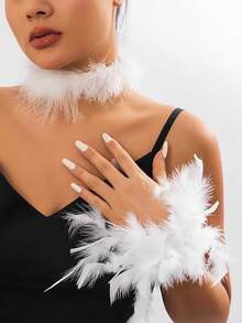 2 piezas/1 pieza Brazalete nupcial de estilo bohemio con plumas falsas - Elegante, encantador, lujoso, accesorio de moda para mujer - Adecuado para fiestas, reuniones, citas, festivales, cosplay, fotografía, actuaciones de baile, decoraciones de boda, regalos para amigos [Halloween, Navidad, temporada de vuelta al colegio]