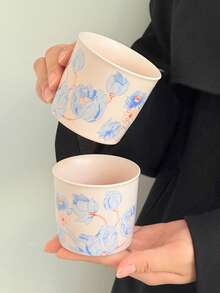 1pc Retro Minimalist Ceramic Coffee Cup & Saucer, Pink Matcha Cup, Coffee Latte Art Wooden Holder, Drinking Cup, Tea Cup, Coffee Cup