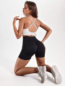 SHEIN Sports 拼色十字交叉露背运动文胸 - 白色 - 查看 5