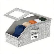 A Stackable Hat Storage Box, Suitable For 12 Baseball Caps - Sturdy Fabric And Cardboard Organizer With A Transparent Window, A Space-Saving Wardrobe Storage Box For Both Men And Women With A Decorative Design, In Gray, With A Neutral Appearance