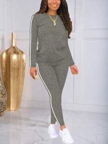 女士条纹印花圆领长袖T恤和裤子休闲运动服套装 - 深灰 - 查看 3