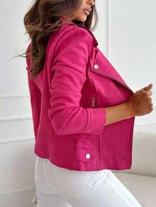 女式拉链纽扣装饰休闲修身短款立领拉链夹克，仿麂皮短外套 - 玫紅色 - 查看 2