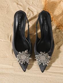 On feet& in love Women's Fashionable & Elegant Rhinestone Flower Decor Backstrap Pointed Toe High Heel Pumps - Black - View 5