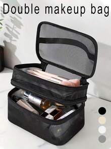 1pc Double-Layer Mesh Cosmetic Bag, Transparent Portable Organizer, Makeup Brush Holder, Popular Toiletry Bag, Cosmetics Storage Pouch, Large Capacity Multi-Compartment Design, Hand Bag, Beach Bag, Mesh Tote, Makeup Bag Makeup Travel Toiletry Organizer Clear Essentials Gifts Storage Zipper Accessories Nail Bags, Makeup Bag, Storage, Makeup Organizer
