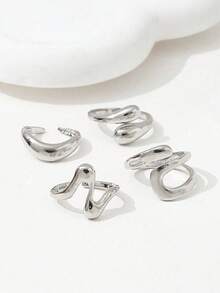 4pcs/Set Vintage Geometric Open Circle Asymmetric Ring Set, Charming Women Jewelry, Suitable For Party And Daily Wear