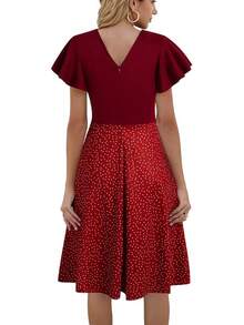 Women's Semi-Formal Ruffle Sleeve V-Back Work Fit And Flare Cocktail Knee Length Dress With Pockets, 2025 Style - 橘子點 - 查看 2