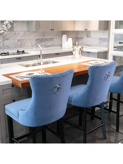 Sairedel Contemporary Fluwelen Upholstered Barstools Button Tufted ation Wooden Legs, Chrome Nailhead Leisure Bar Chairs,Bar Stools, Set Of view 5