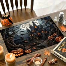 4 Stücke Halloween Horror Schloss & Kürbis Muster Leinen Tischsets - Gewebte Leinen rechteckige Tischsets für Speisezimmer, Küche, Kaffeetisch, Esszimmerdekoration - Verschiedenfarbig - Übersicht 5