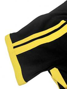 女式 Y2K 黑黄条纹美式性感修身 V 领短款短袖 T 恤 - 黑色 - 查看 6