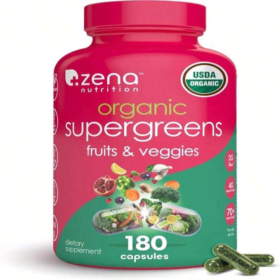 Zena Nutrition Organic Super Greens Fruit &Amp; Veggies Supplement, 70+ Superfoods From Fruit &Amp; Vegetables, 3g Fiber, Spirulina, Chlorella, Prebiotics &Amp; Probiotics, Digestive Enzymes, 180 Capsules - 白色的 - 查看 1