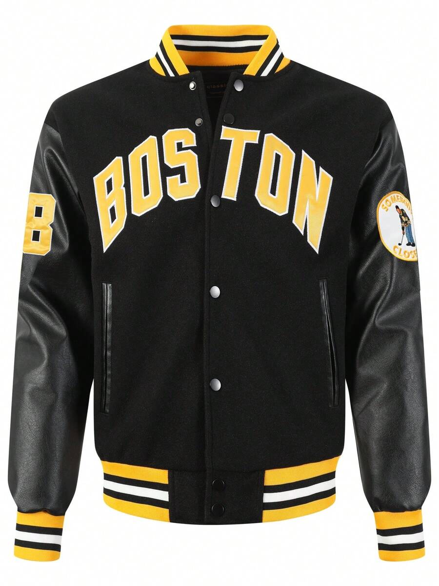 Men's Black Baseball Jacket High End Embroidered Leather Fashionable Street Style Sportswear Casual Classic Retro Sportswear Patchwork PU Long Sleeved Hip-Hop Motorcycle Jacket Coat