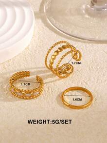 3pcs Stainless Steel 18K Gold Plated Simple & Fashionable Line Design Open Ring Set Suitable For Women's Daily Wear - Yellow Gold - View 5