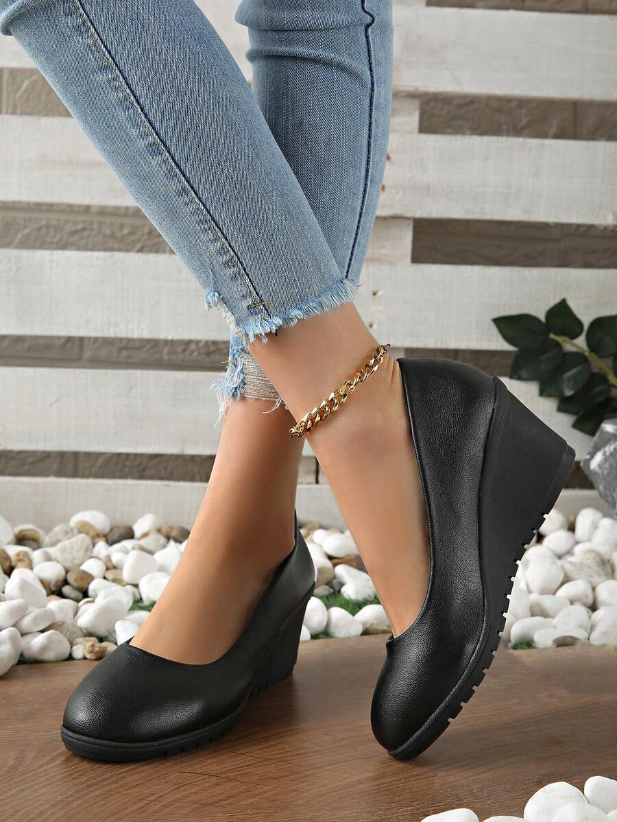 Damen Pumps mit Schleifen-Dekor und Keilabsatz, Schwarz, modisch & elegant, runde Spitze mit Metall-Akzent, bequem für den Arbeitsweg, geeignet für Partys & formelle Anlässe, Frühling/Herbst - Schwarz 2 - Übersicht 1