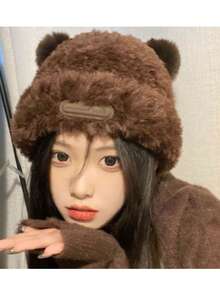 1 件女士冬季针织帽，时尚蓬松熊耳设计，厚实保暖耳罩式帽子，适合日常穿着、旅行、滑雪、购物和户外使用