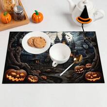 4 Stücke Halloween Horror Schloss & Kürbis Muster Leinen Tischsets - Gewebte Leinen rechteckige Tischsets für Speisezimmer, Küche, Kaffeetisch, Esszimmerdekoration - Verschiedenfarbig - Übersicht 4